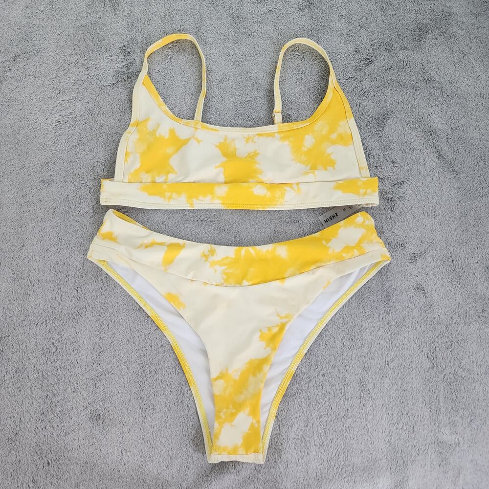 Shein Bikini Size‎ M Yellow White Tie Dye 2 Piece Top Bottoms Adjustable Straps